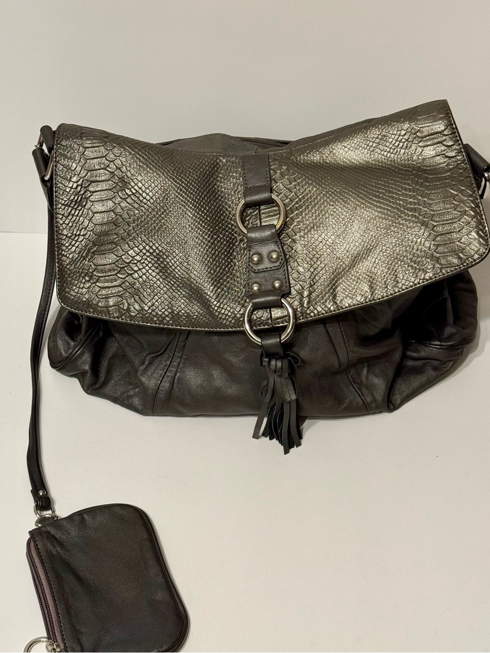 Leather Textured Flap Gunmetal Hobo Shoulder Bag with Tassel and Mini Wristlet